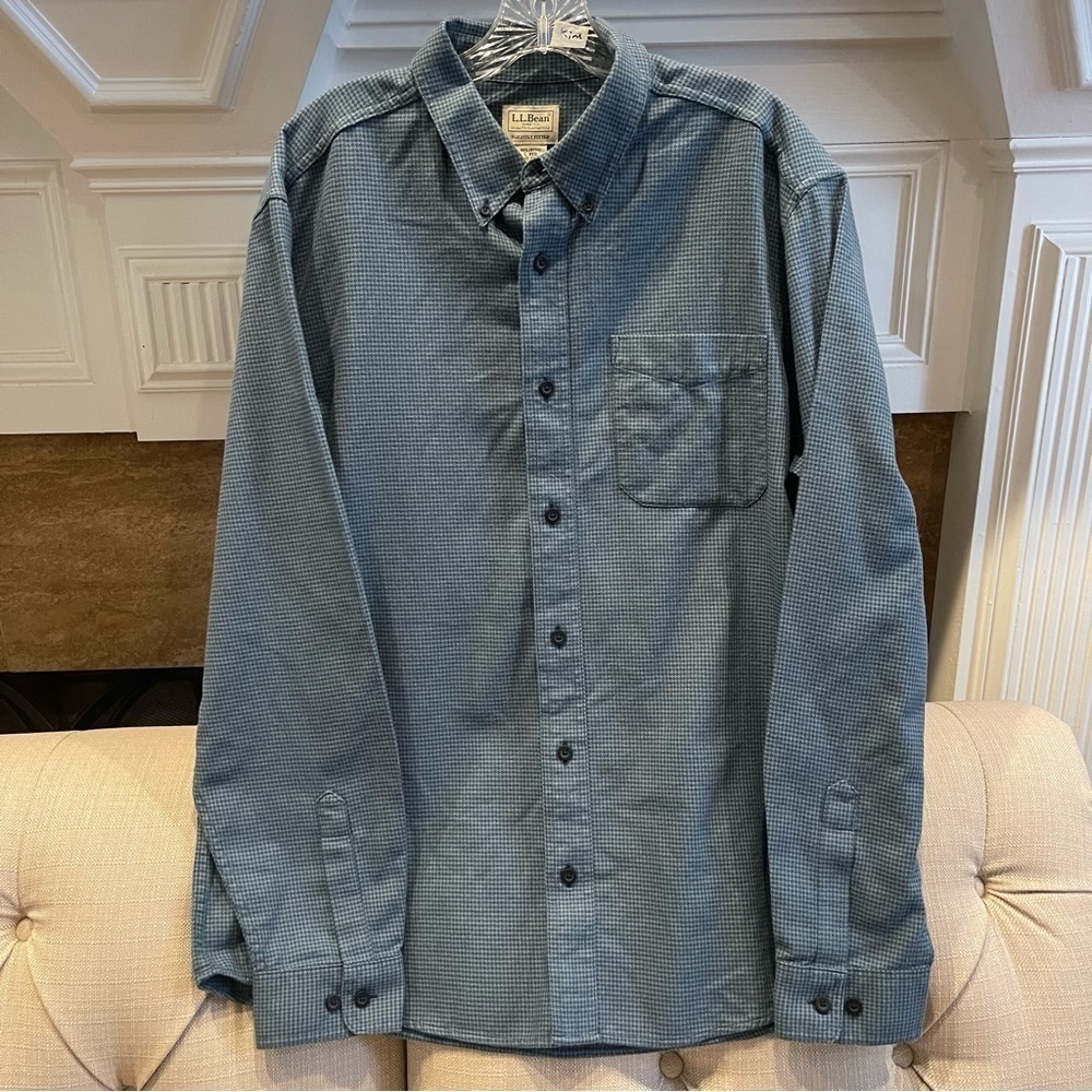 BI: LL Bean Shirt Mens L Long Sleeve Button Down Blue Green Houndstooth Cotton